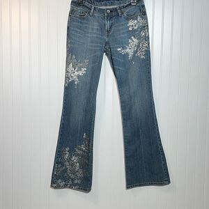 X2 Denim NWOT Flare Jeans With Distressing &Foil And Stone Design Size 4 Regular